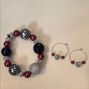 Elegant Maroon and Silver Beaded Elastic Bracelet Set